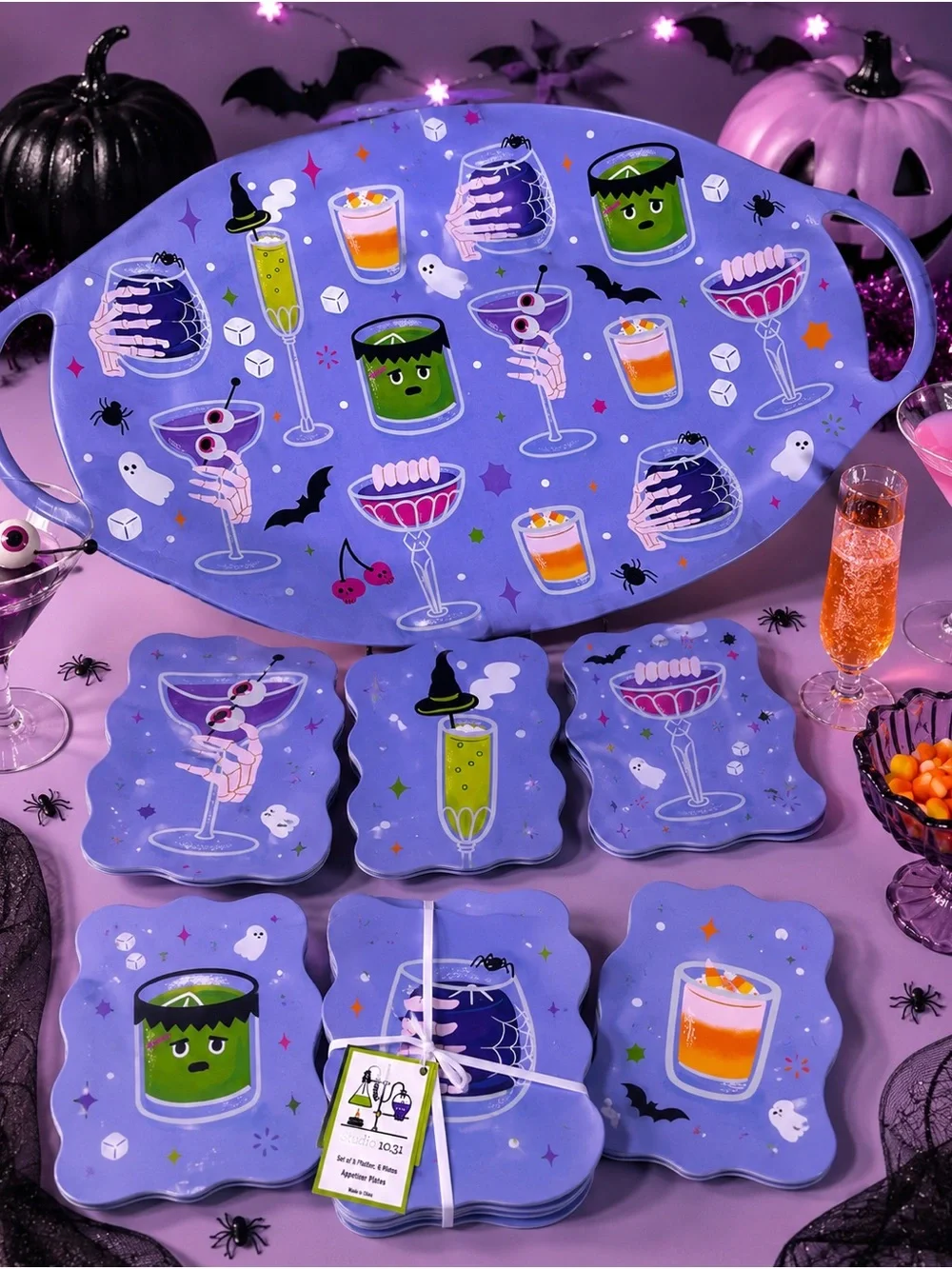 NWT Studio 10.31 Halloween Platter & 6 Appetizer Plates Spooky Cocktail Set